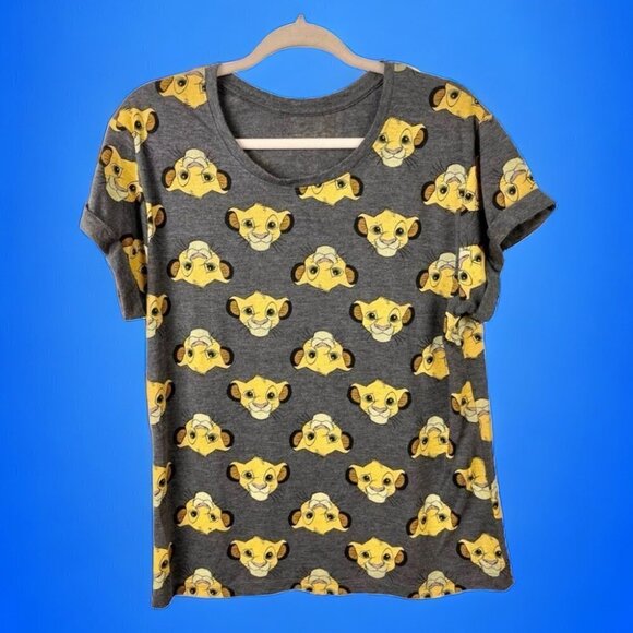 DISNEY Young Simba Lion King Grey Crewneck All Over Print  T Shirt Size L - Picture 1 of 5